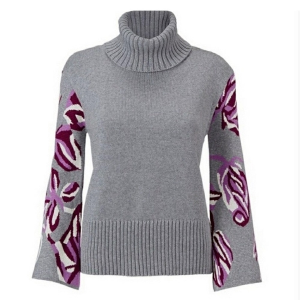 CABI Eden Turtleneck Sweater Floral Bell Sleeve Silver Grey/Orchid M